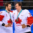 GANGNEUNG, SOUTH KOREA - FEBRUARY 24: Canada's Cody Goloubef #27 and Ben Scrivens #30 celebrate with bronze medals following a 6-4 win over Team Czech Republic during bronze medal round action at the PyeongChang 2018 Olympic Winter Games. (Photo by Matt Zambonin/HHOF-IIHF Images)

